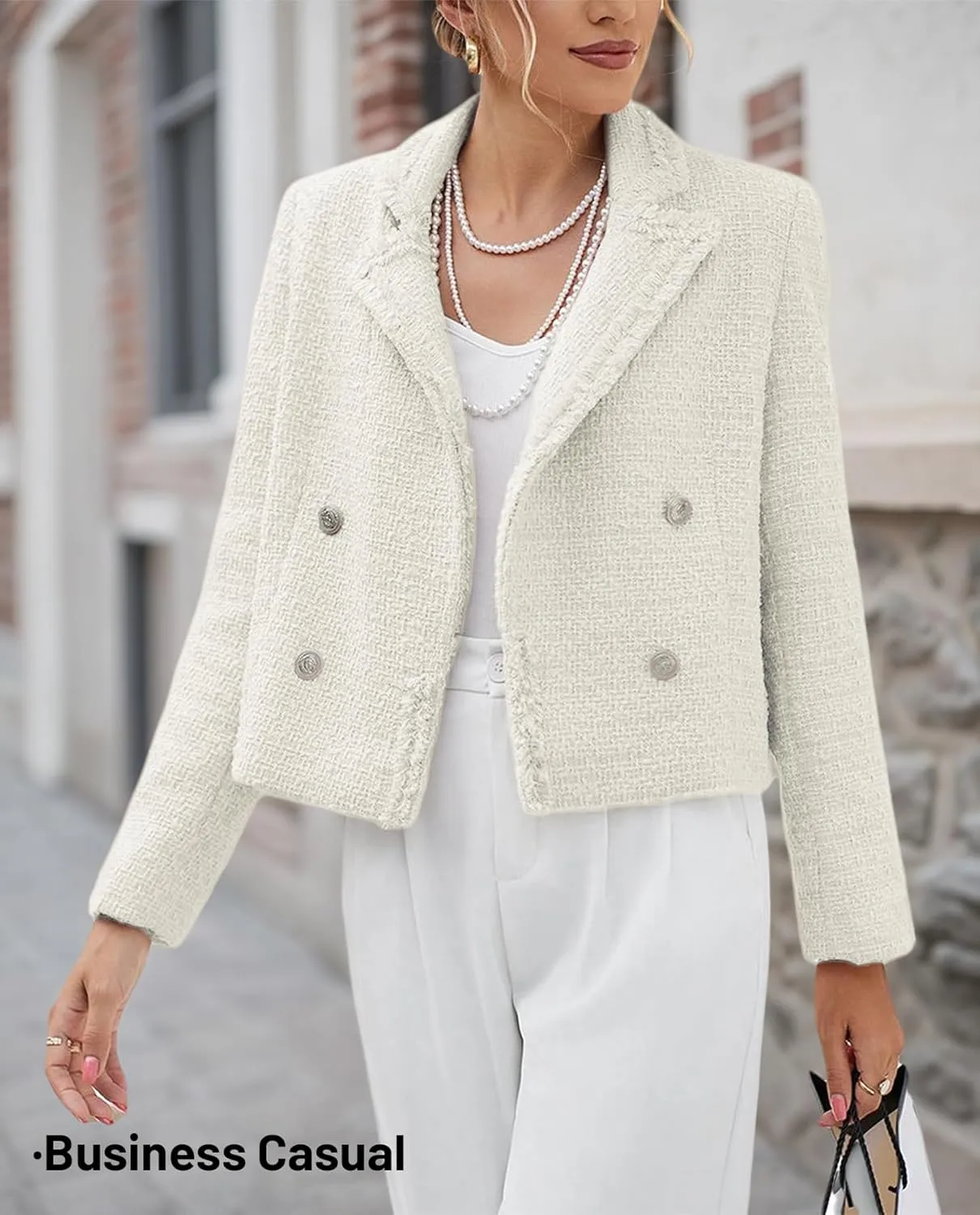2025 Women's Spring Tweed Blazer Fashion Warm Fully-Lined Elegant Trendy Casual Double-Breasted Jacket with Pockets