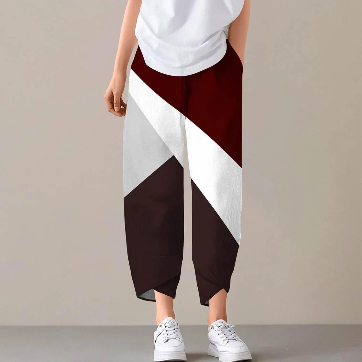 ADHOWBEW Capri Pants for Women Drawstring Lounge Casual Flowy Wide Leg High Waist Cotton Trendy Dressy Trousers with Pockets