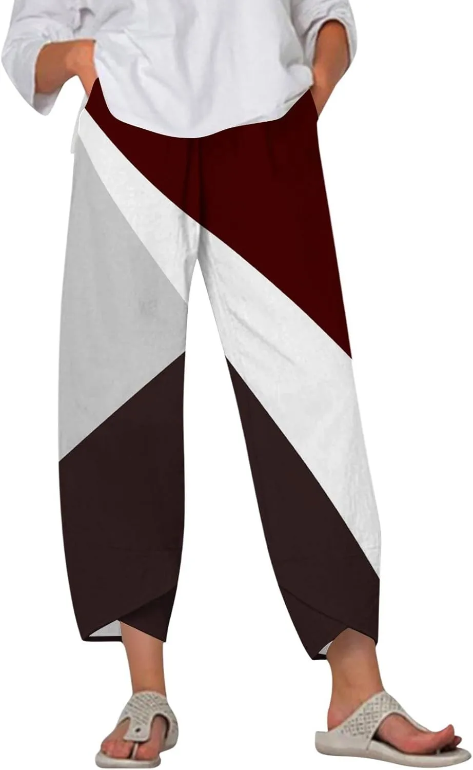ADHOWBEW Capri Pants for Women Drawstring Lounge Casual Flowy Wide Leg High Waist Cotton Trendy Dressy Trousers with Pockets