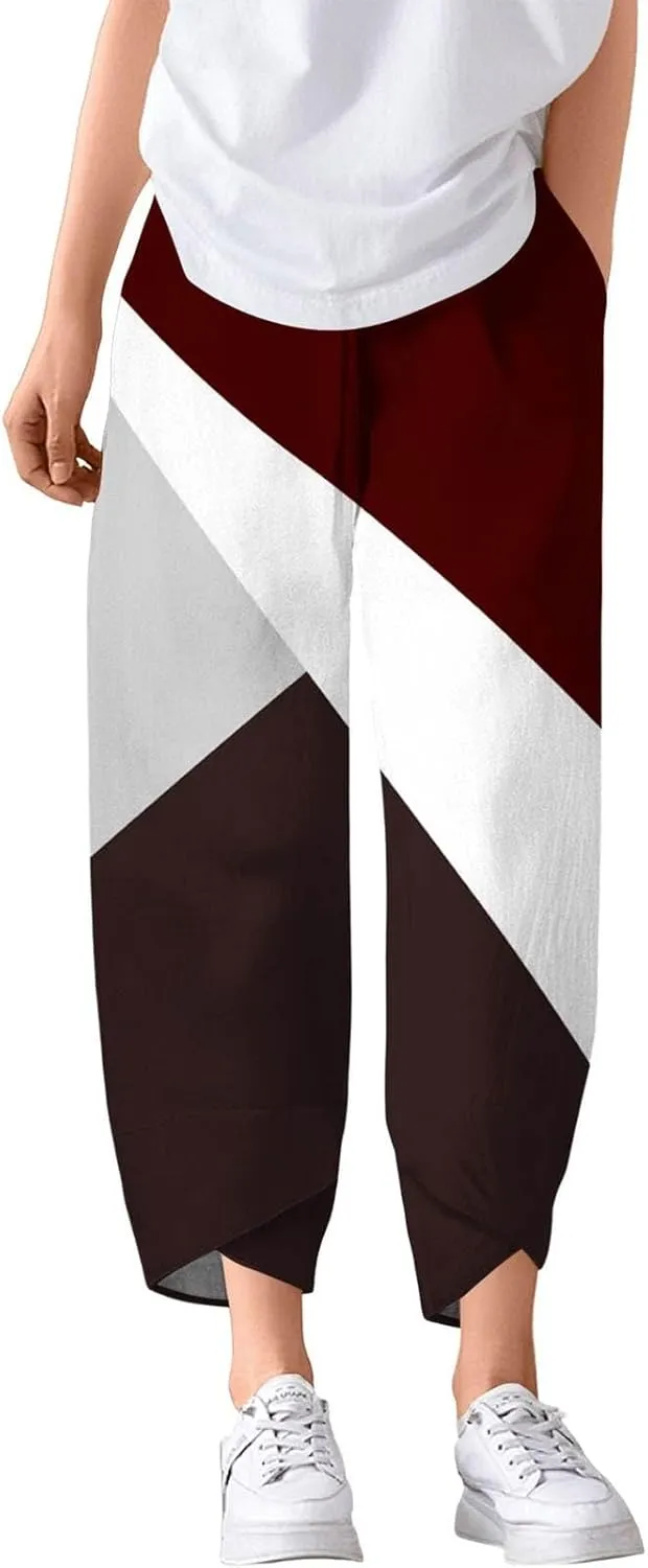 ADHOWBEW Capri Pants for Women Drawstring Lounge Casual Flowy Wide Leg High Waist Cotton Trendy Dressy Trousers with Pockets