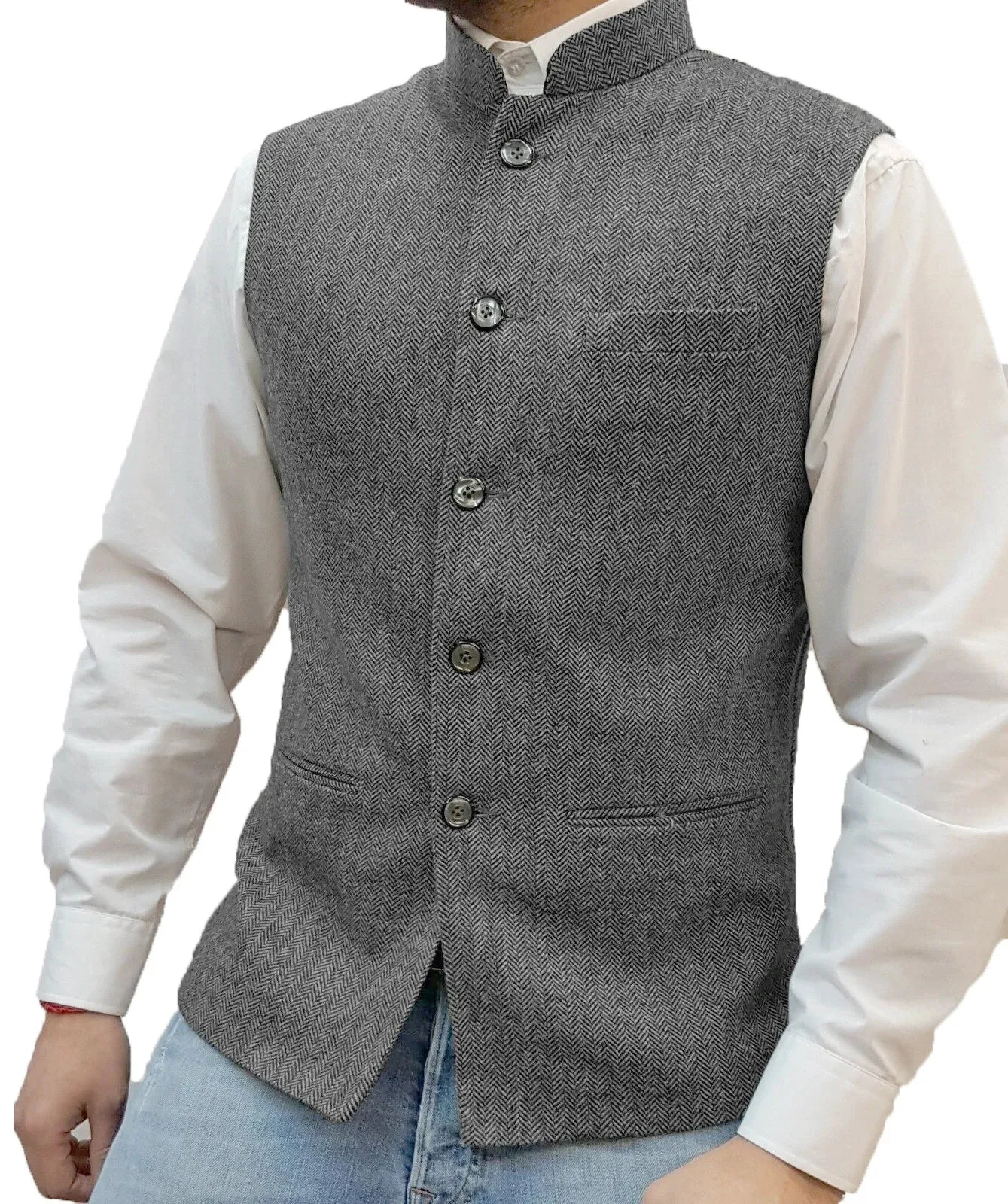 Aidase Herringbone Men's Vests Elegant Sleeveless Stand Collar Business Button Slim Fit Herringbone Waistcoat For Wedding  Men Vest