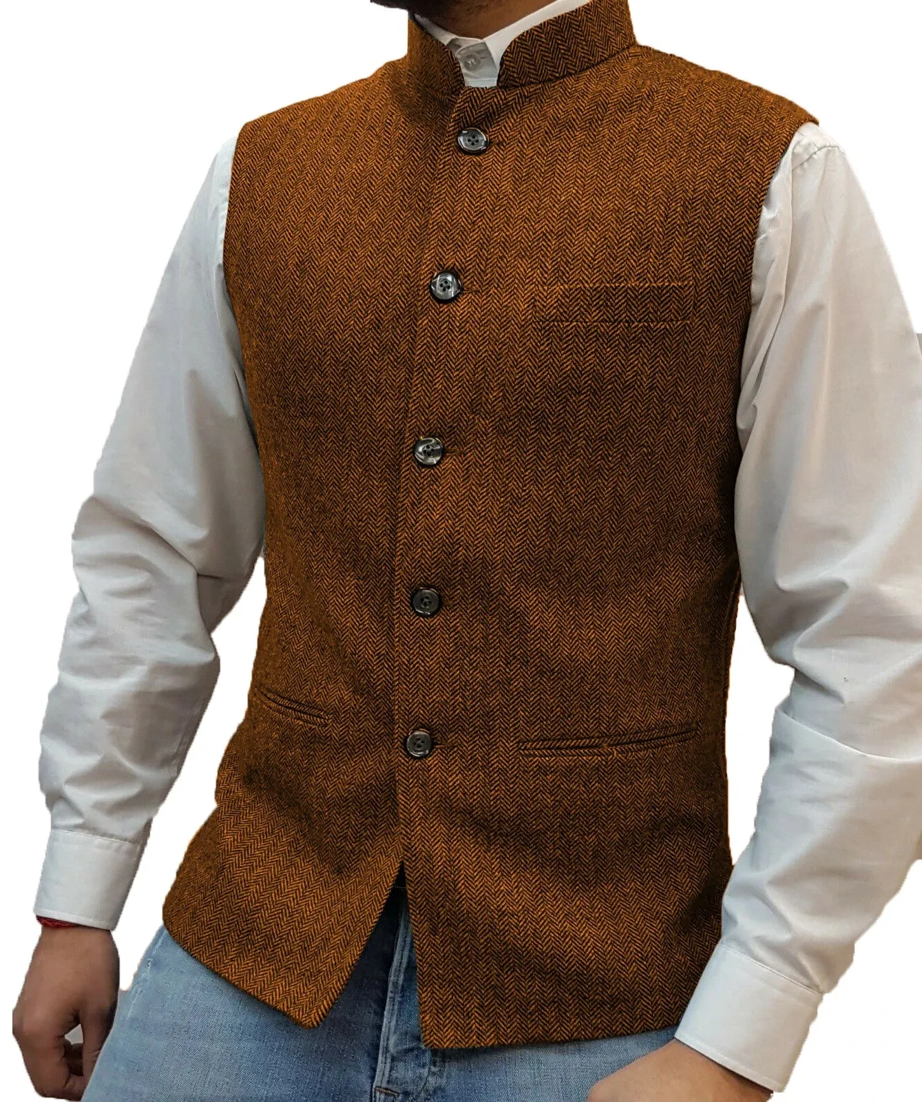 Aidase Herringbone Men's Vests Elegant Sleeveless Stand Collar Business Button Slim Fit Herringbone Waistcoat For Wedding  Men Vest