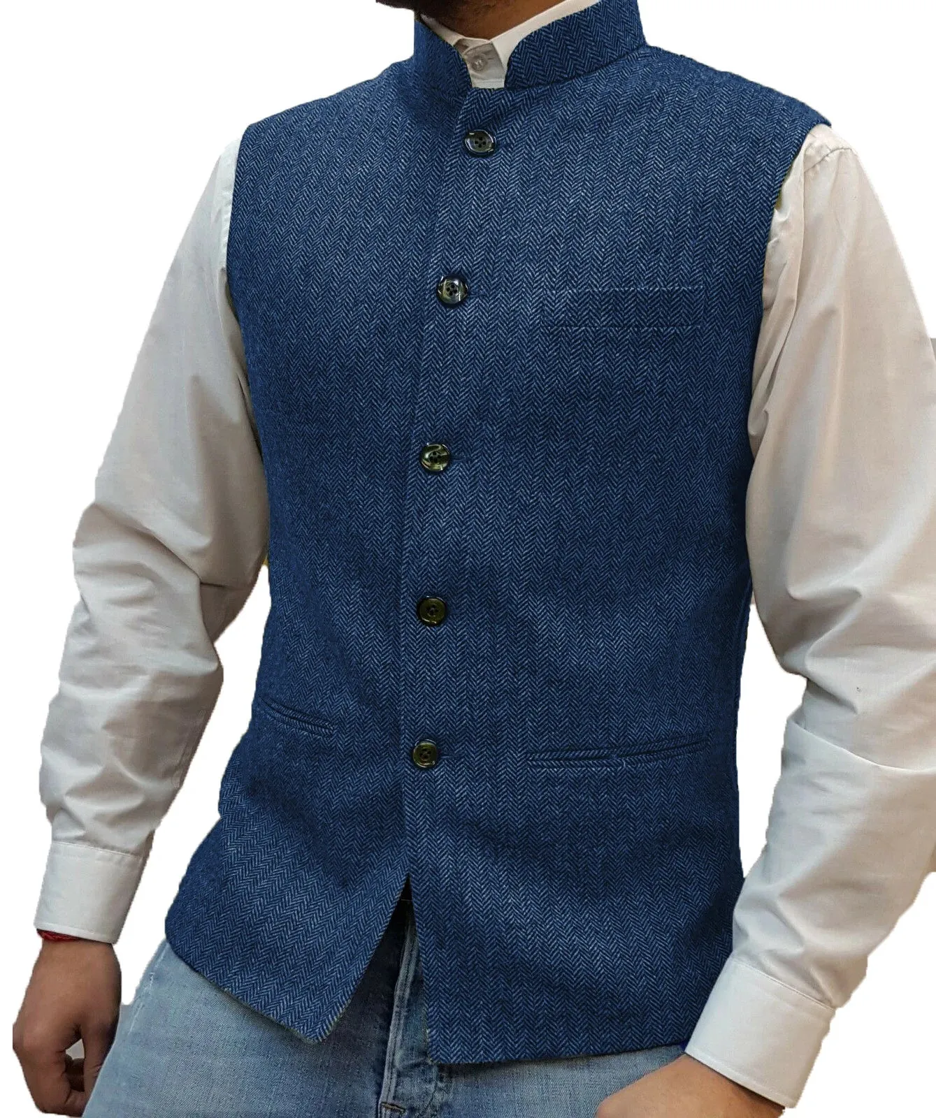 Aidase Herringbone Men's Vests Elegant Sleeveless Stand Collar Business Button Slim Fit Herringbone Waistcoat For Wedding  Men Vest