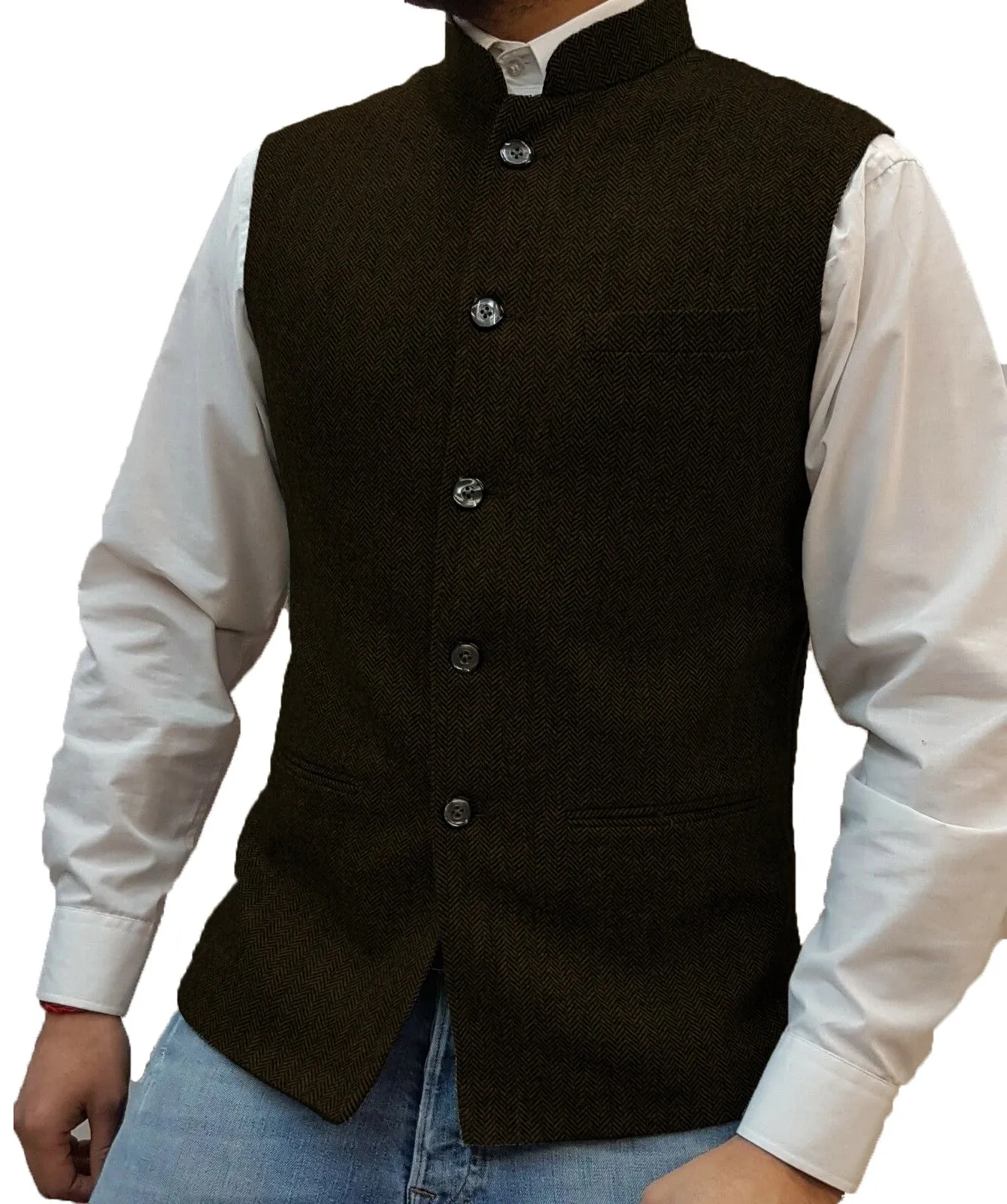 Aidase Herringbone Men's Vests Elegant Sleeveless Stand Collar Business Button Slim Fit Herringbone Waistcoat For Wedding  Men Vest