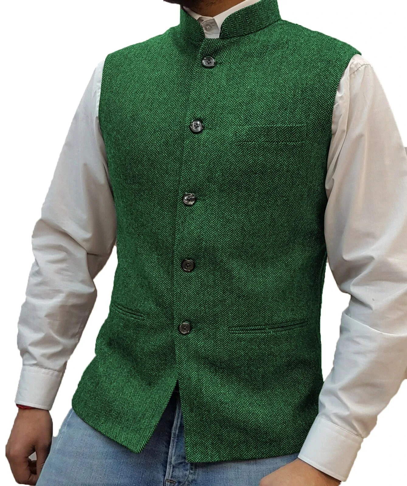 Aidase Herringbone Men's Vests Elegant Sleeveless Stand Collar Business Button Slim Fit Herringbone Waistcoat For Wedding  Men Vest