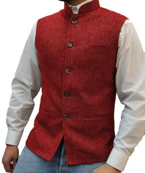 Aidase Herringbone Men's Vests Elegant Sleeveless Stand Collar Business Button Slim Fit Herringbone Waistcoat For Wedding  Men Vest