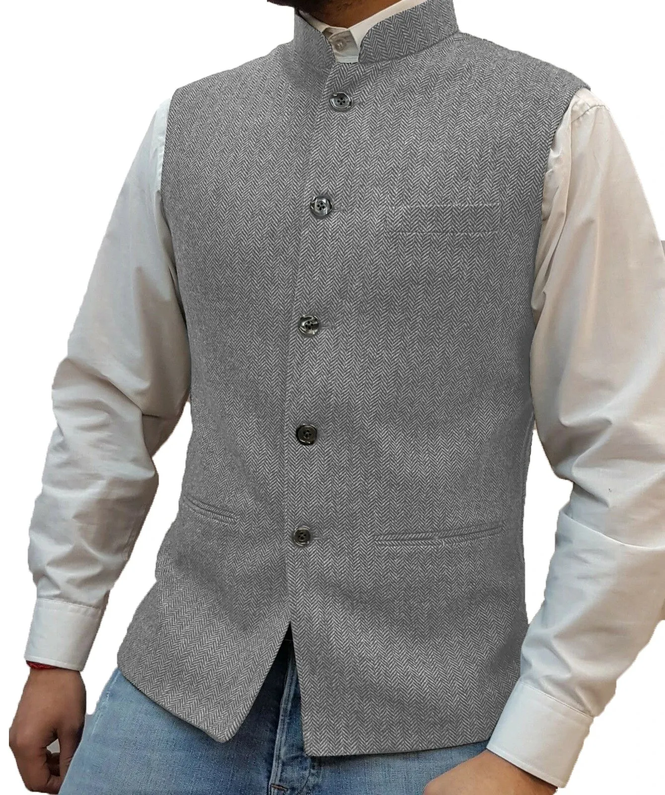 Aidase Herringbone Men's Vests Elegant Sleeveless Stand Collar Business Button Slim Fit Herringbone Waistcoat For Wedding  Men Vest