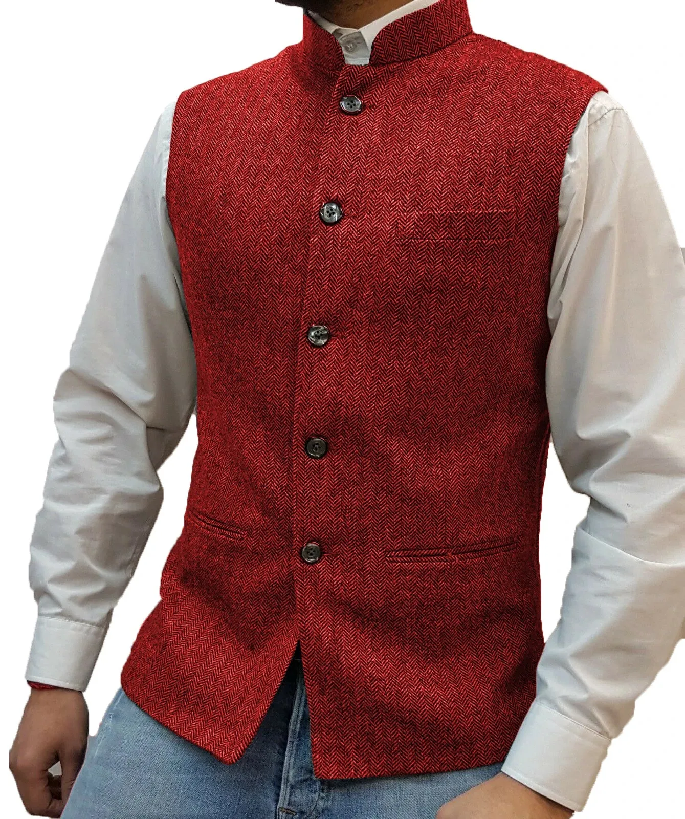Aidase Herringbone Men's Vests Elegant Sleeveless Stand Collar Business Button Slim Fit Herringbone Waistcoat For Wedding  Men Vest