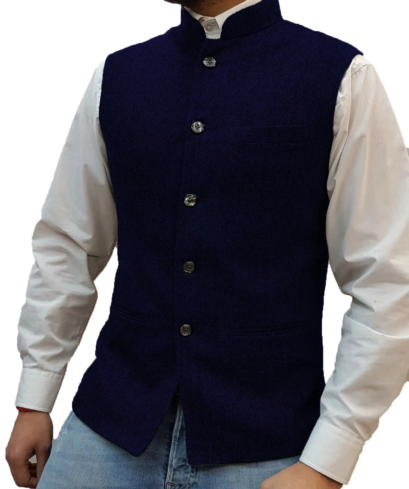 Aidase Herringbone Men's Vests Elegant Sleeveless Stand Collar Business Button Slim Fit Herringbone Waistcoat For Wedding  Men Vest