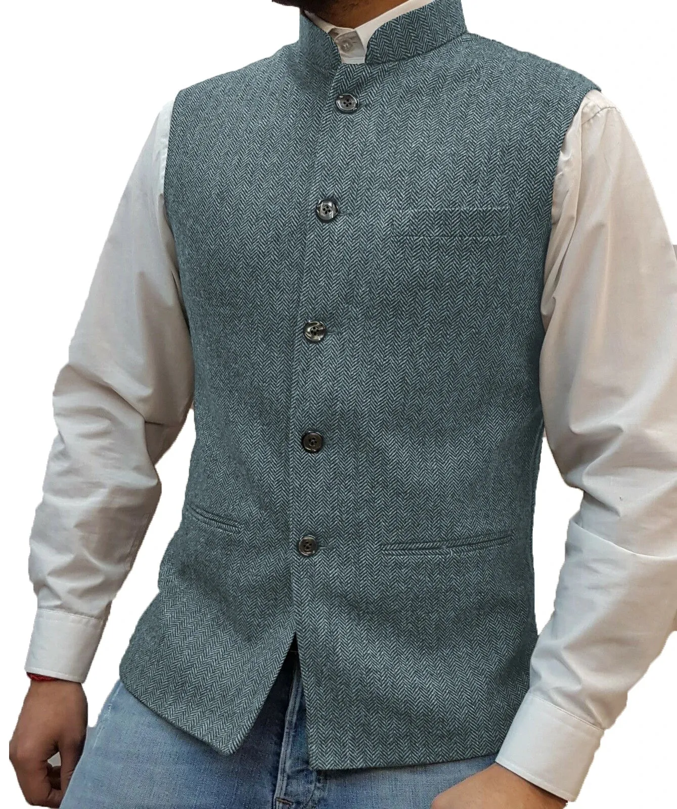Aidase Herringbone Men's Vests Elegant Sleeveless Stand Collar Business Button Slim Fit Herringbone Waistcoat For Wedding  Men Vest