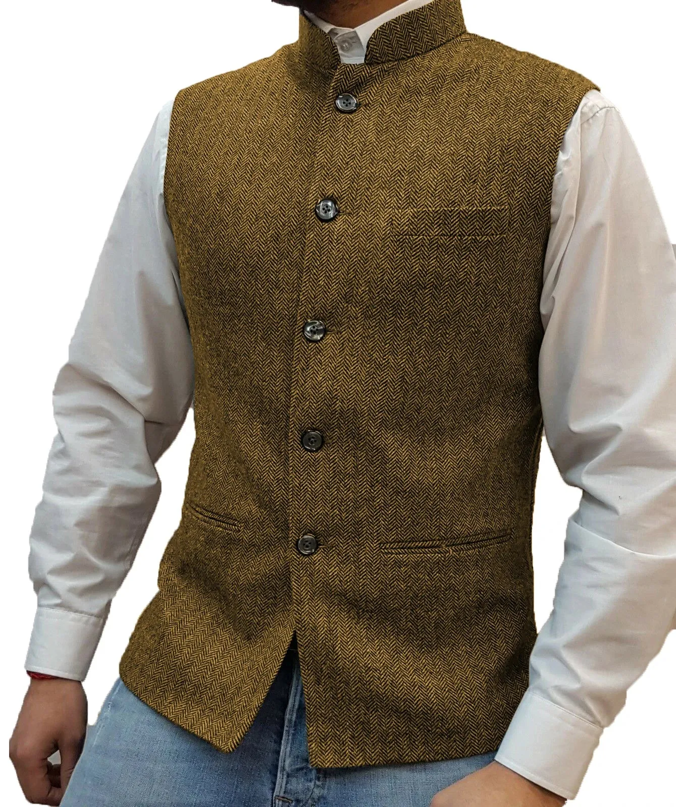 Aidase Herringbone Men's Vests Elegant Sleeveless Stand Collar Business Button Slim Fit Herringbone Waistcoat For Wedding  Men Vest