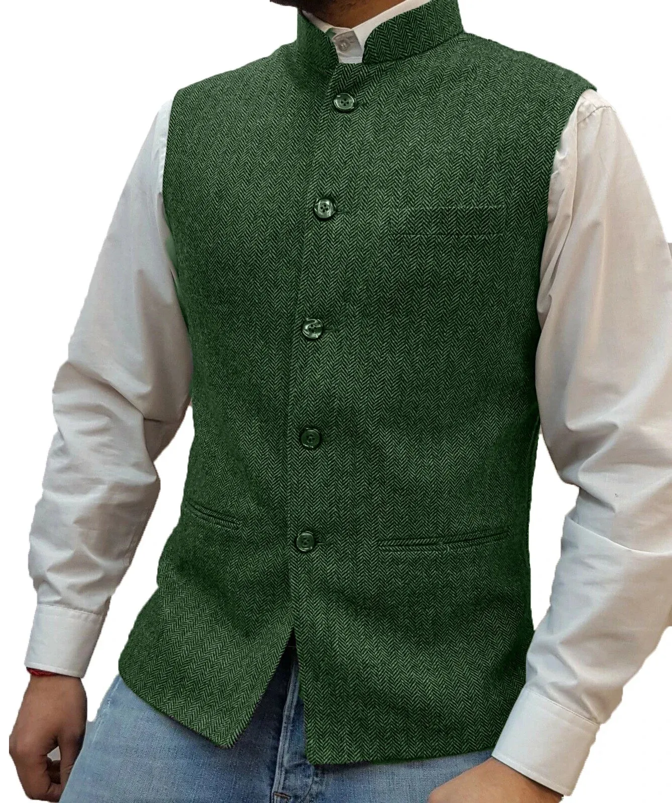 Aidase Herringbone Men's Vests Elegant Sleeveless Stand Collar Business Button Slim Fit Herringbone Waistcoat For Wedding  Men Vest