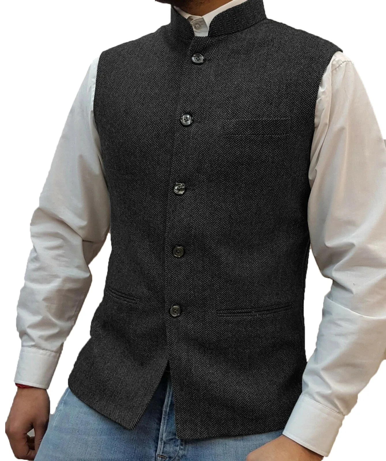 Aidase Herringbone Men's Vests Elegant Sleeveless Stand Collar Business Button Slim Fit Herringbone Waistcoat For Wedding  Men Vest