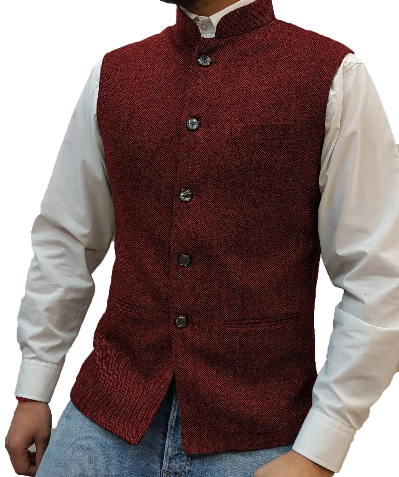 Aidase Herringbone Men's Vests Elegant Sleeveless Stand Collar Business Button Slim Fit Herringbone Waistcoat For Wedding  Men Vest