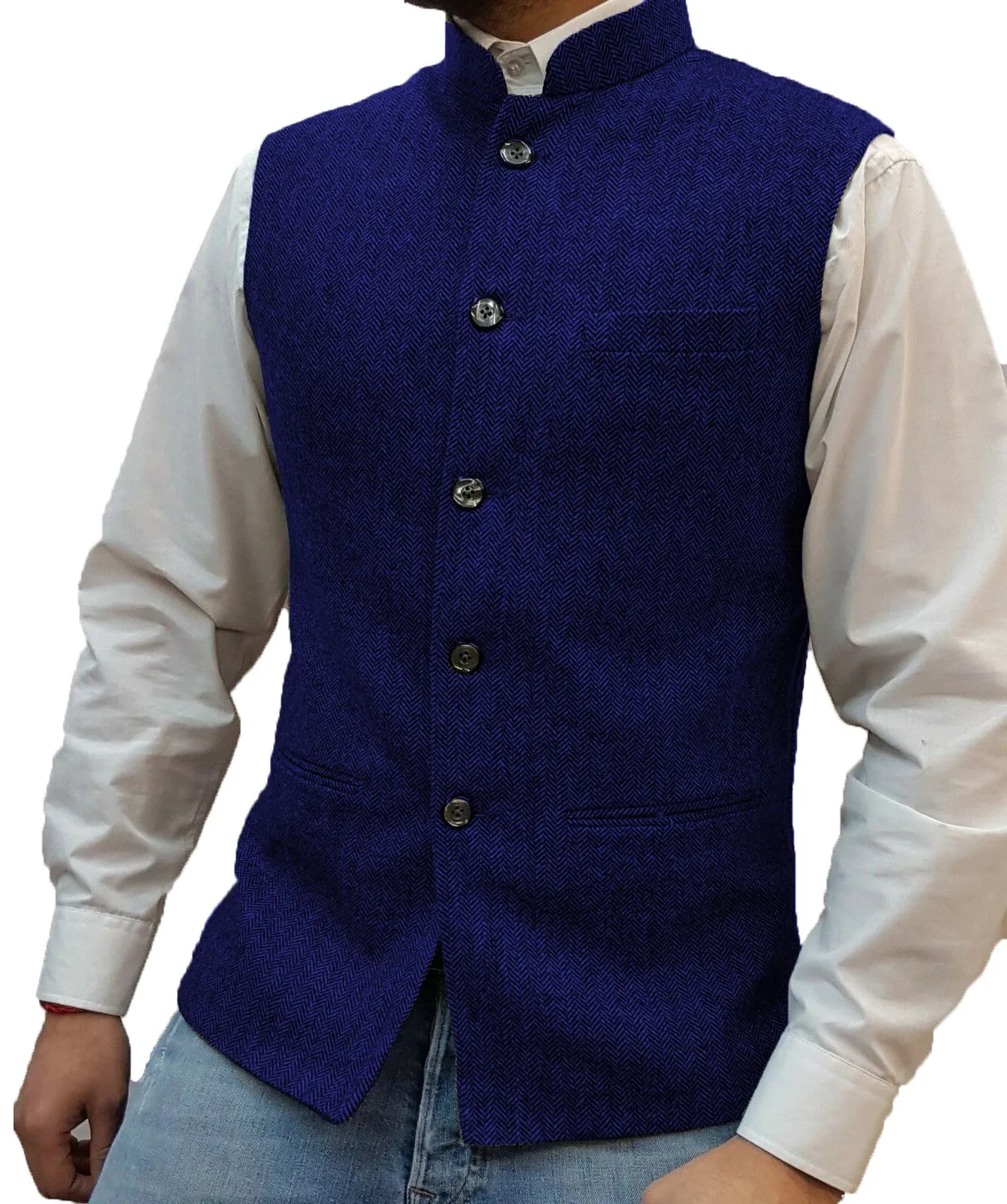 Aidase Herringbone Men's Vests Elegant Sleeveless Stand Collar Business Button Slim Fit Herringbone Waistcoat For Wedding  Men Vest
