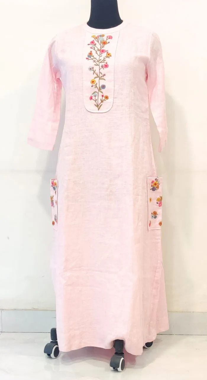 Baby Pink Fancy Linen Hand Work Kurta