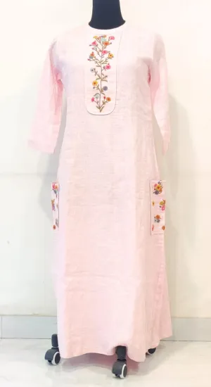 Baby Pink Fancy Linen Hand Work Kurta