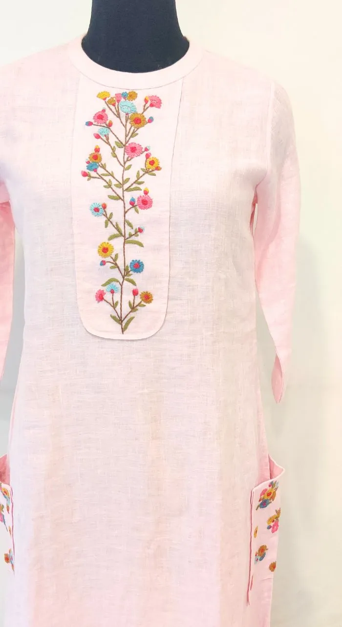 Baby Pink Fancy Linen Hand Work Kurta
