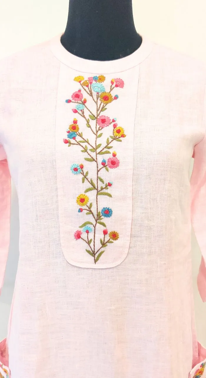 Baby Pink Fancy Linen Hand Work Kurta