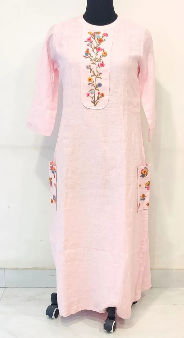 Baby Pink Fancy Linen Hand Work Kurta