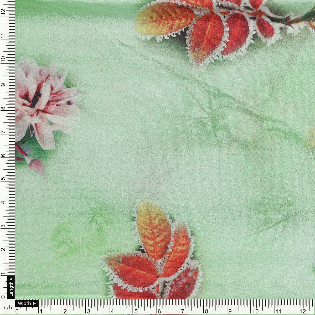 Beautiful Pink Floral With Red Leaves Digital Printed Fabric - Silk Crepe