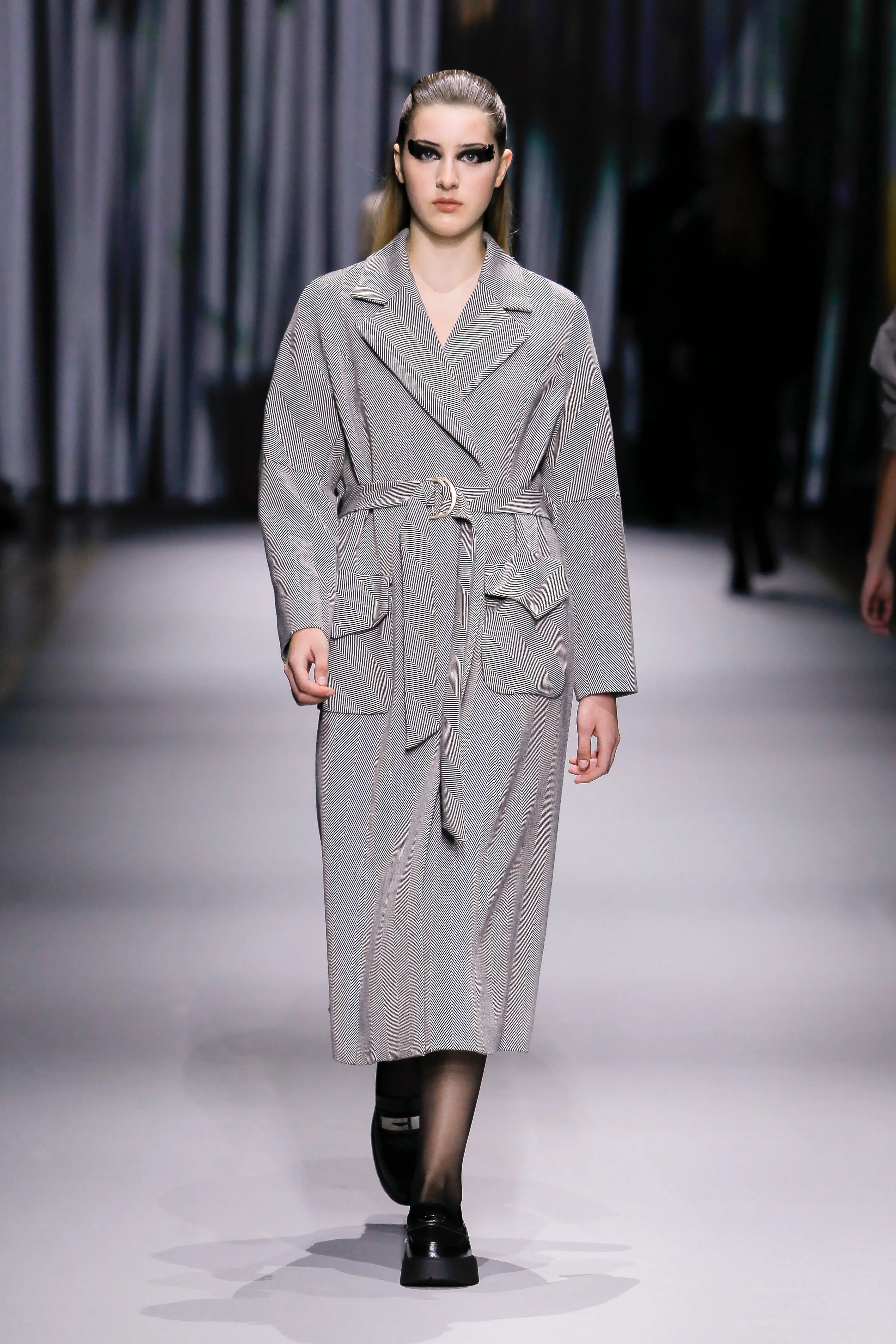 Black and White Long Coat with Belt