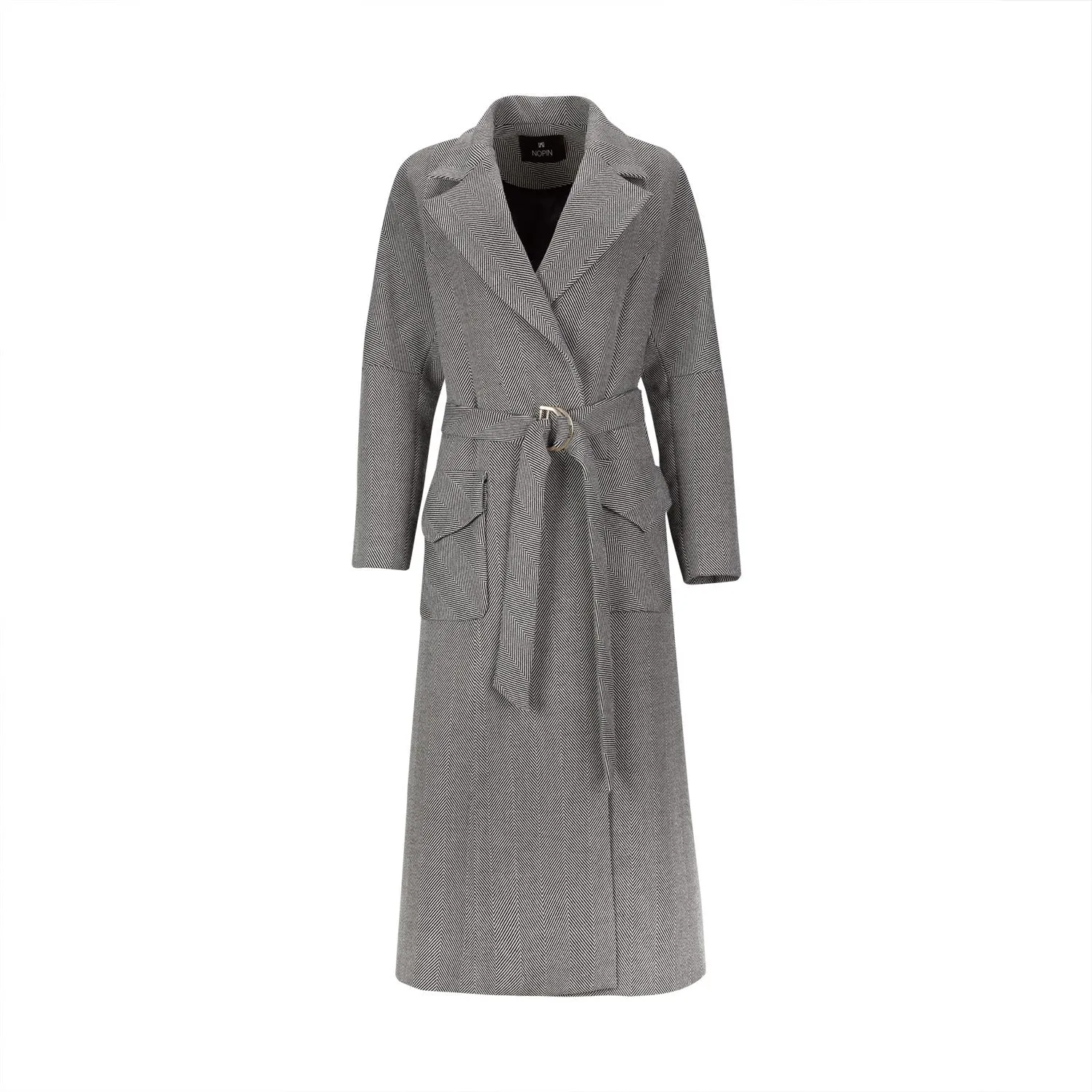 Black and White Long Coat with Belt