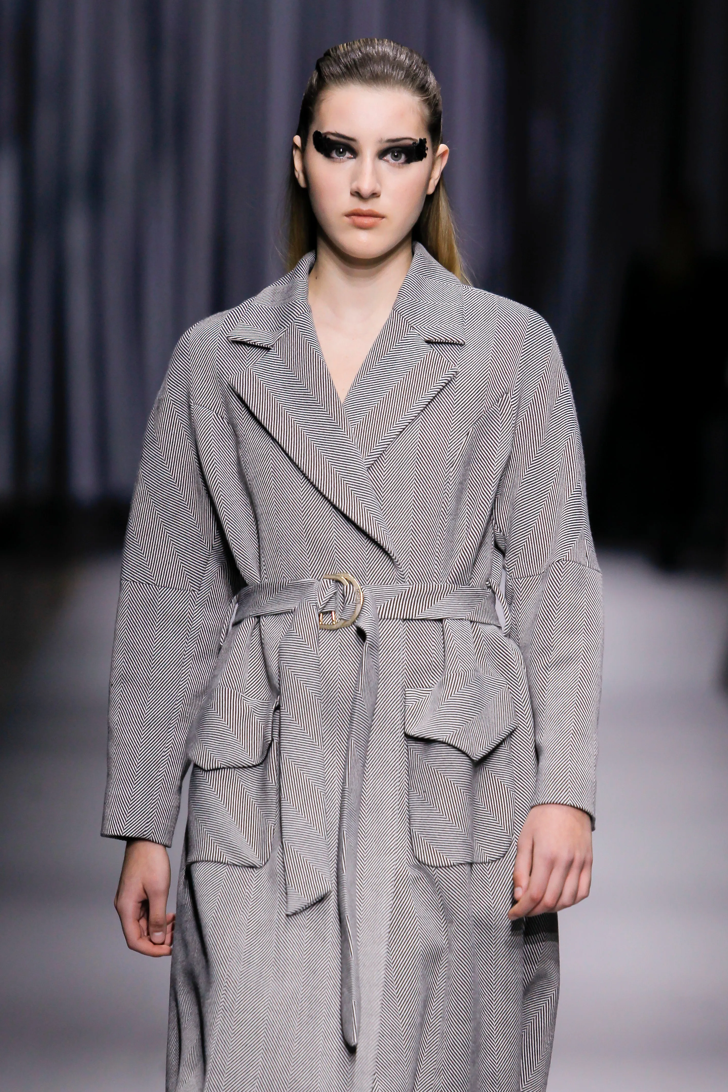 Black and White Long Coat with Belt