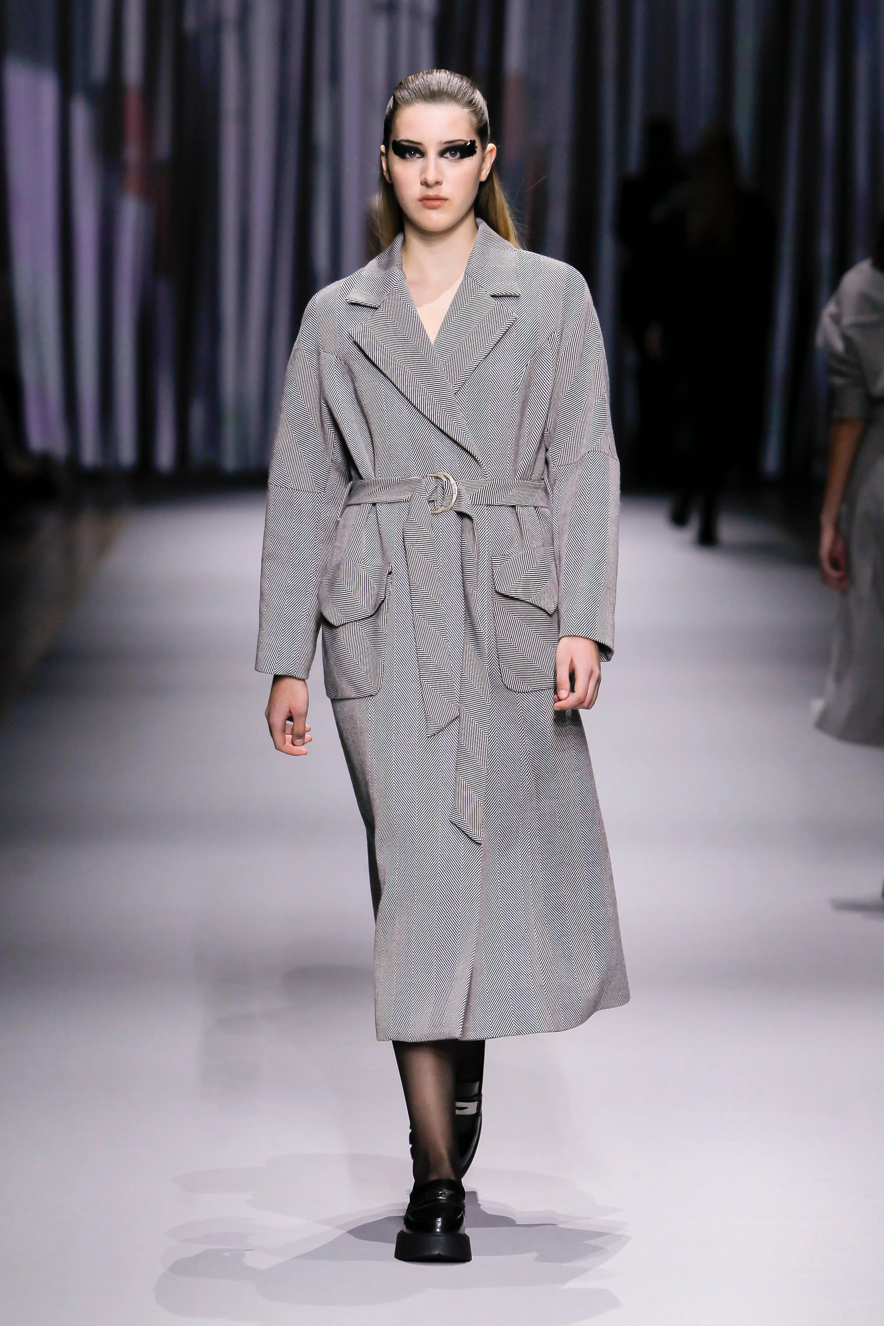Black and White Long Coat with Belt