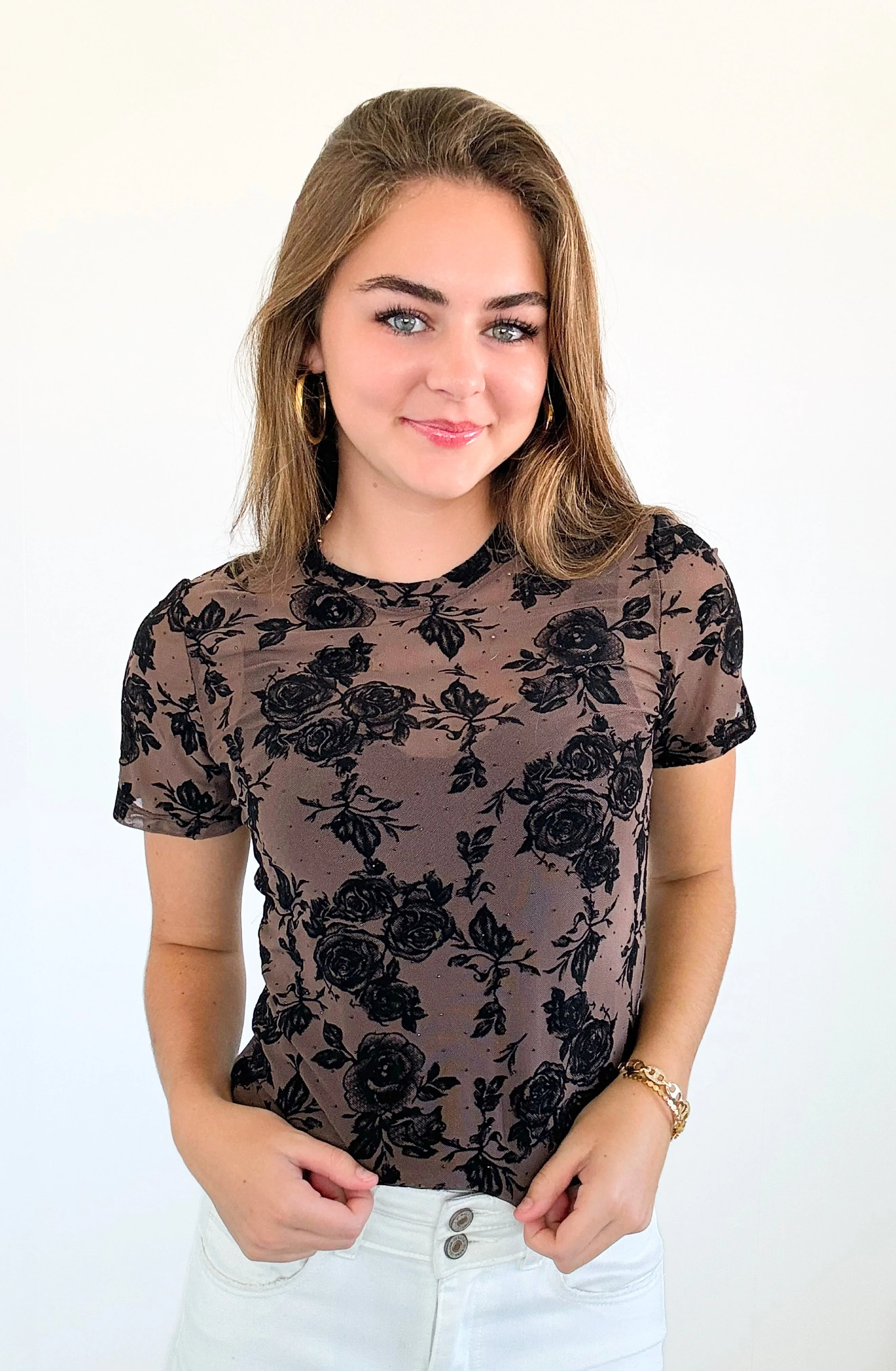 Dark Bloom Velvet Mesh Top