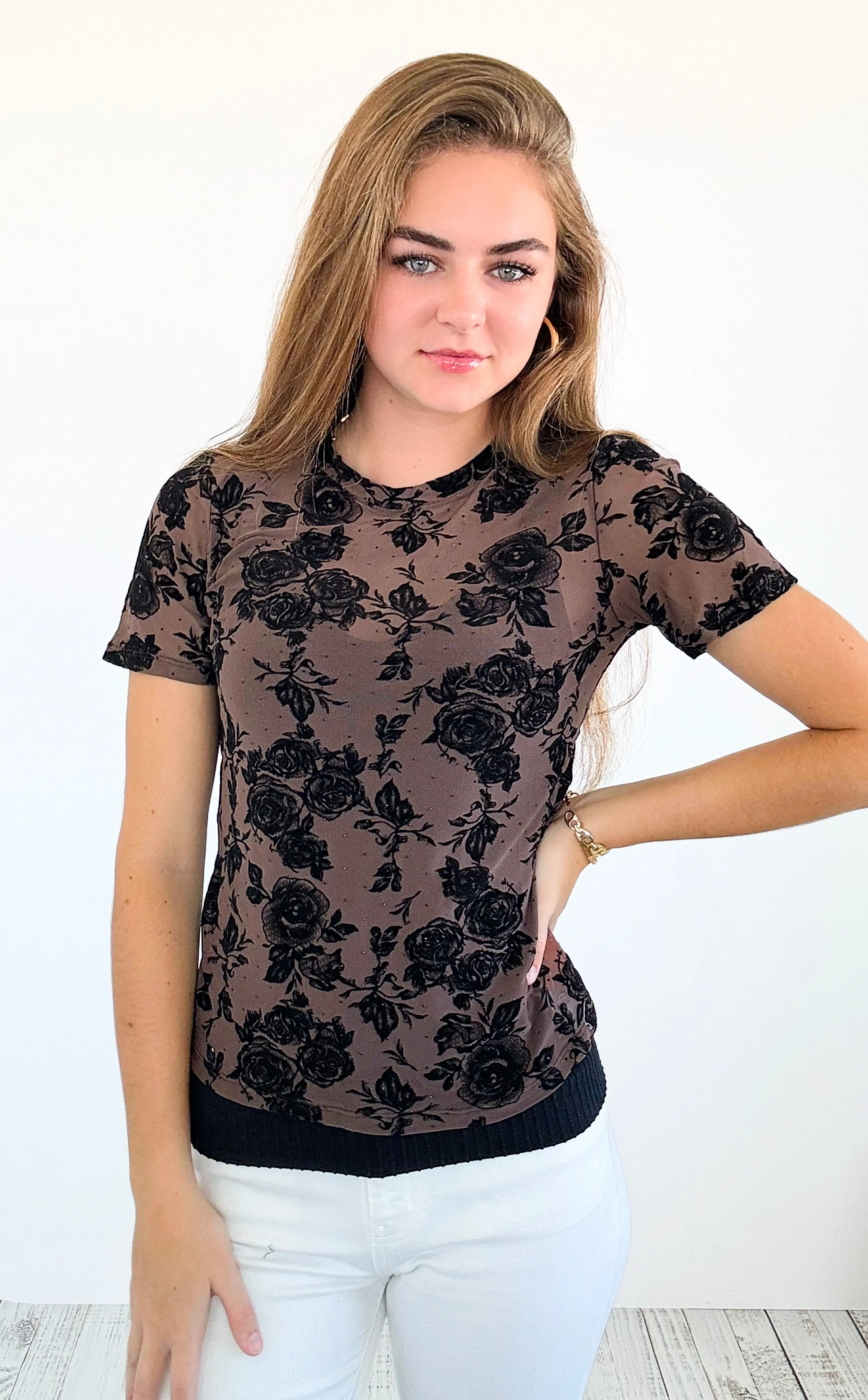 Dark Bloom Velvet Mesh Top