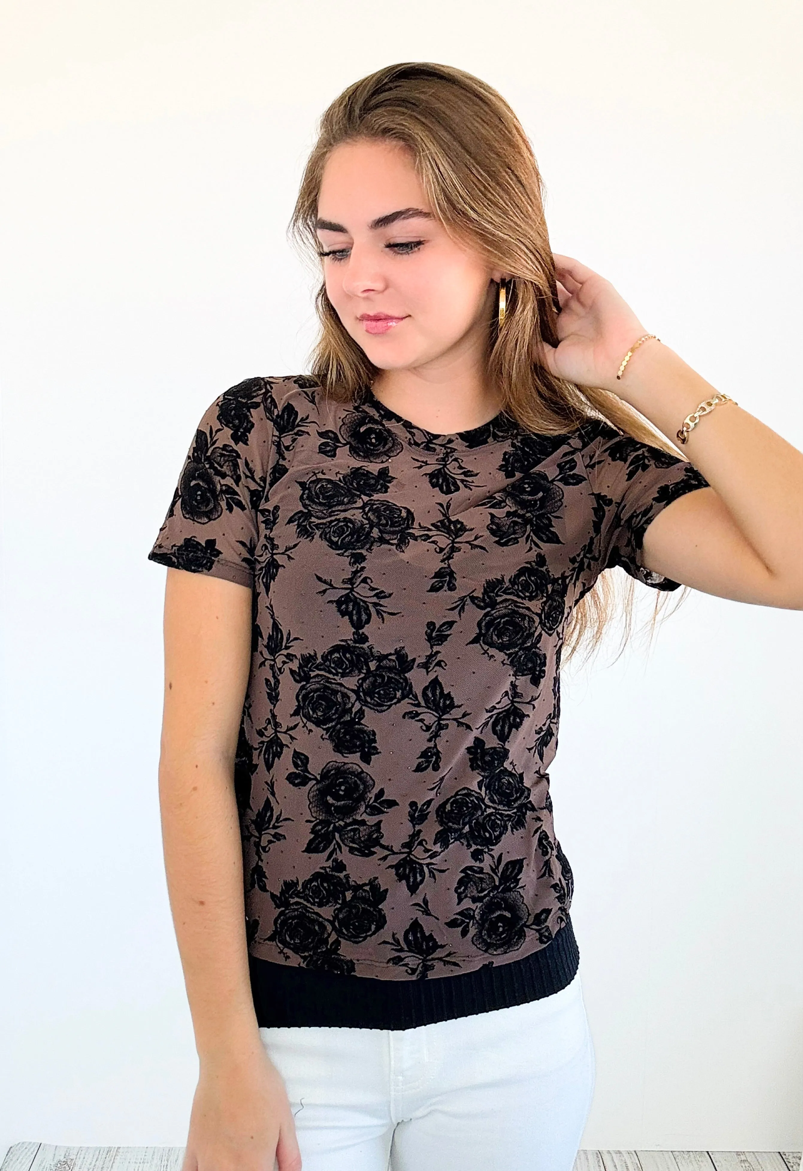 Dark Bloom Velvet Mesh Top