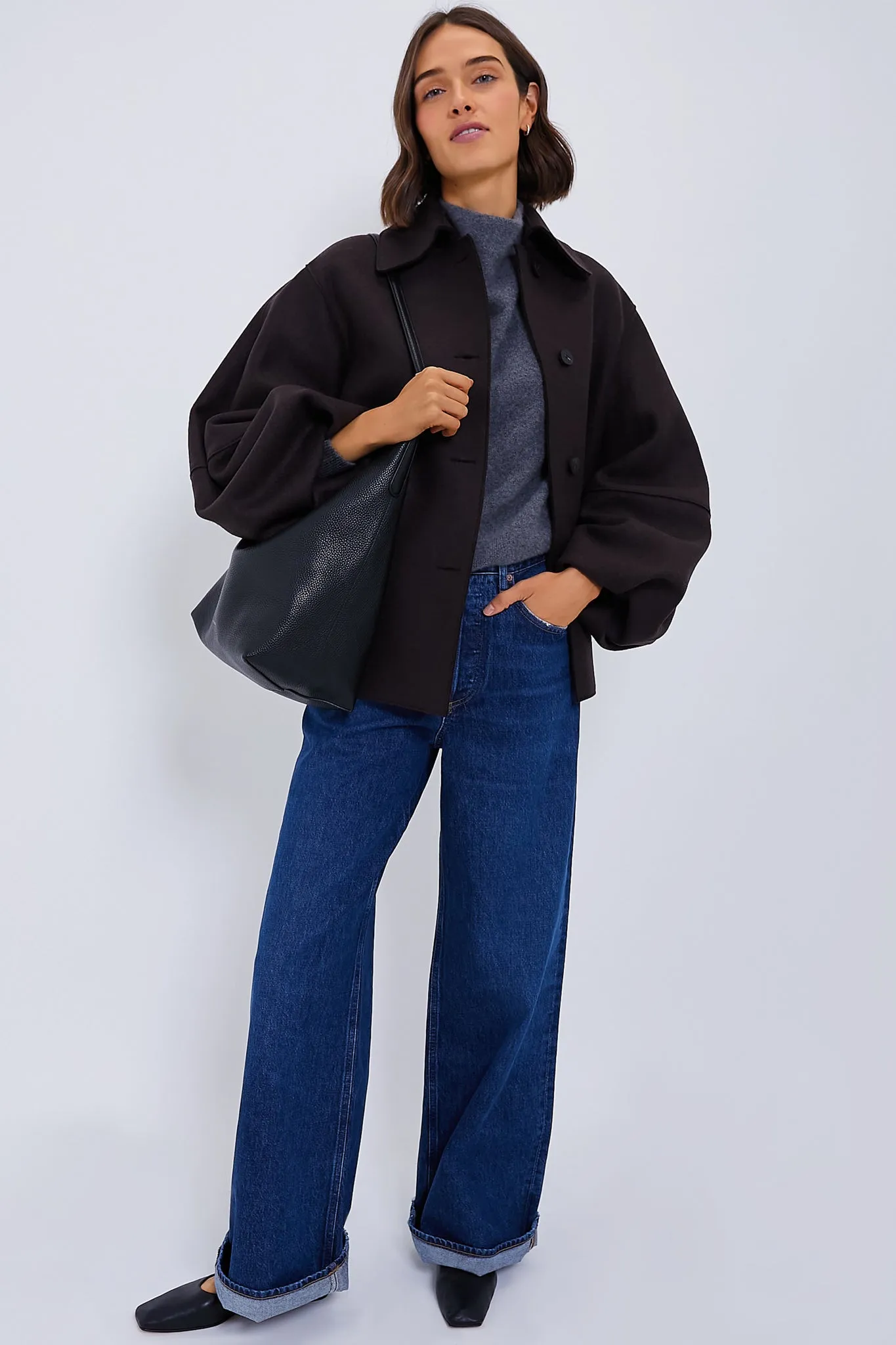 Dark Brown Puffed Sleeve Pressed Wool Jacket