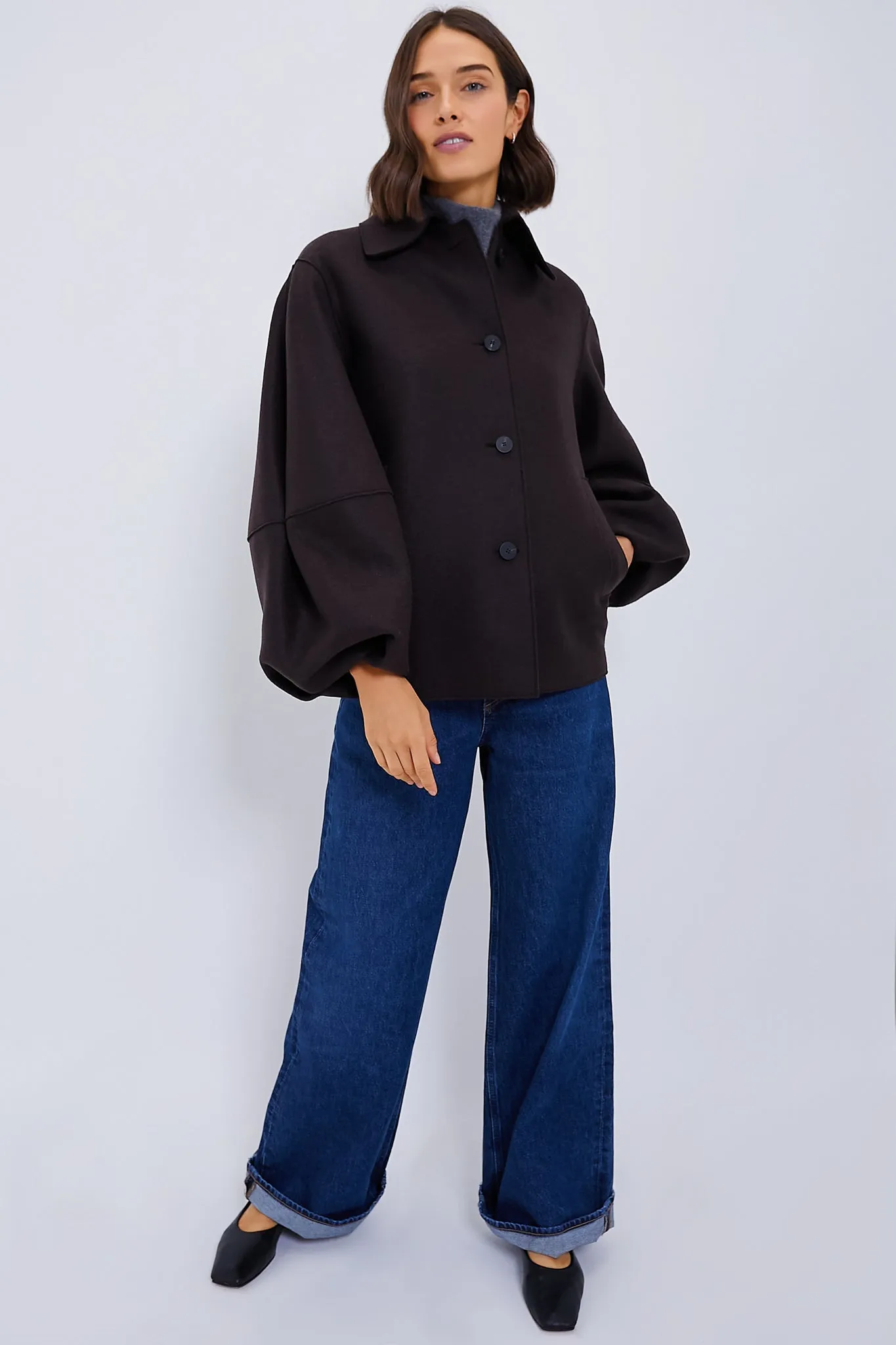 Dark Brown Puffed Sleeve Pressed Wool Jacket