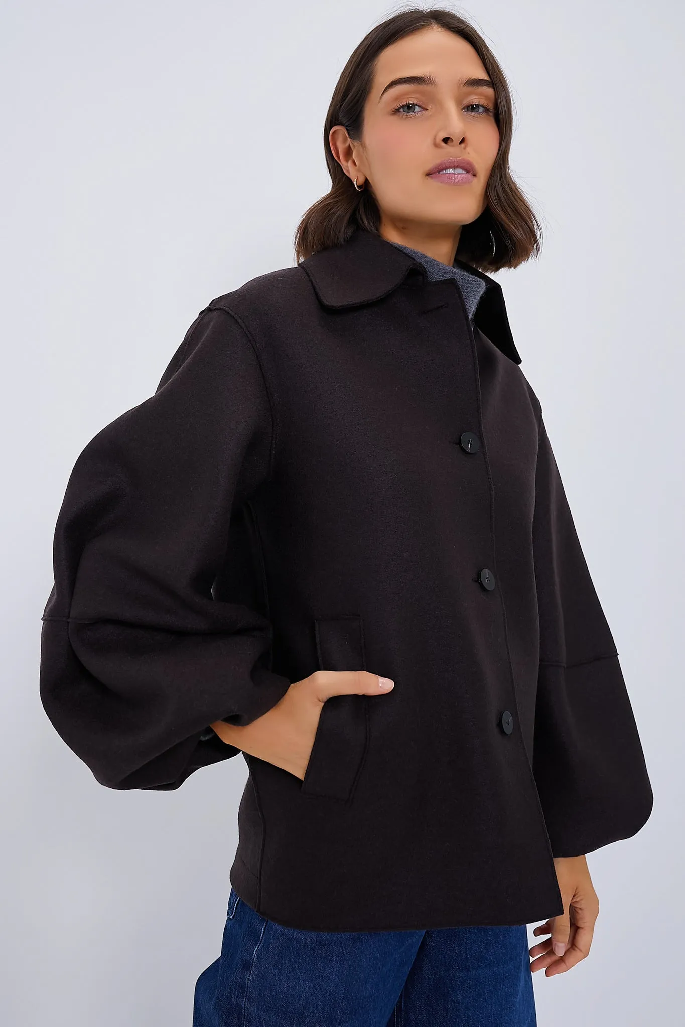 Dark Brown Puffed Sleeve Pressed Wool Jacket