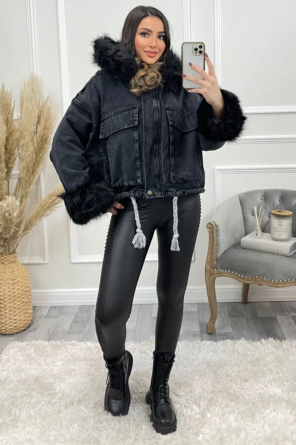 Eirinn Black Denim Black Faux Fur Hooded Jacket