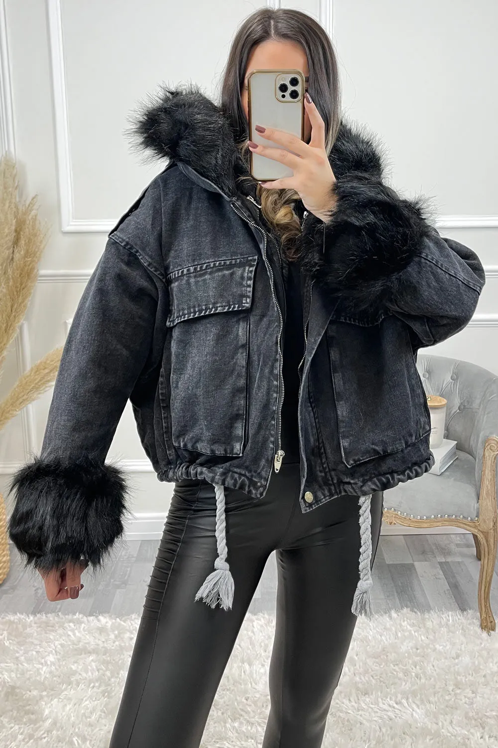 Eirinn Black Denim Black Faux Fur Hooded Jacket