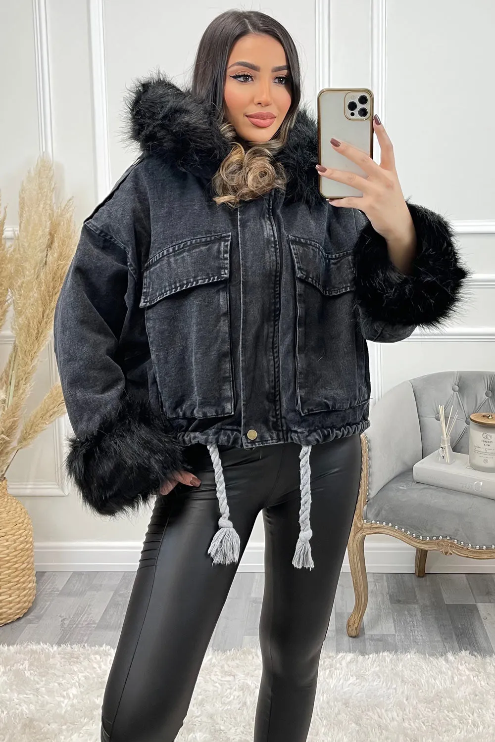 Eirinn Black Denim Black Faux Fur Hooded Jacket