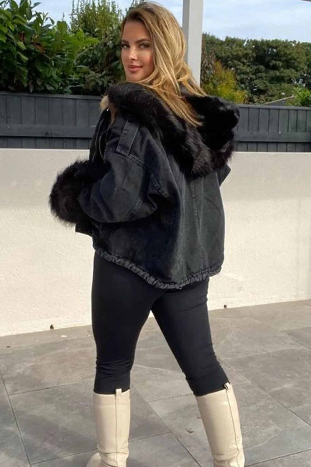 Eirinn Black Denim Black Faux Fur Hooded Jacket