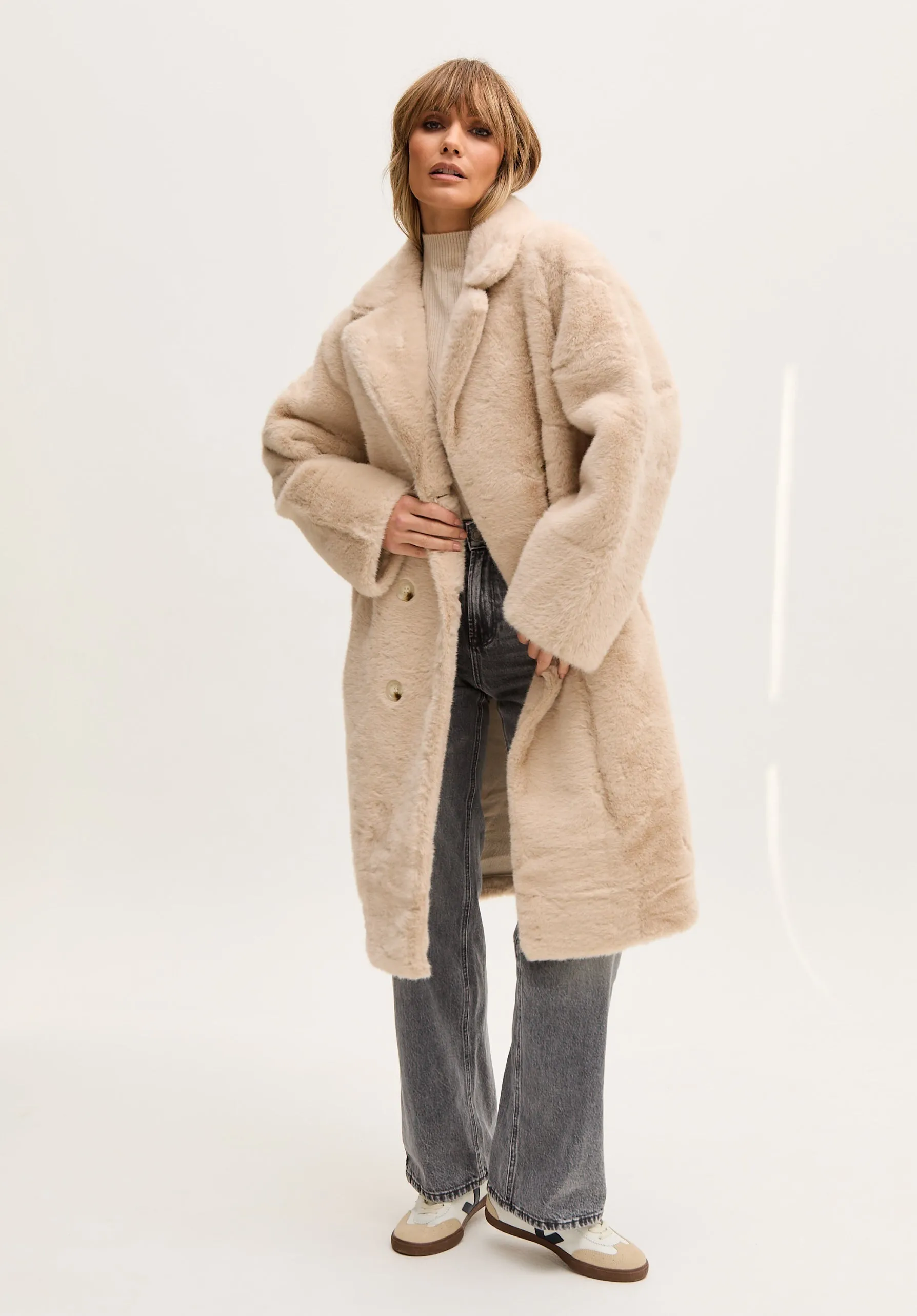 Emma Longline Faux Fur Coat In Cream