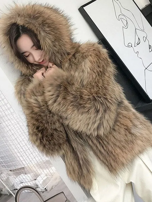 Faux Fur Coats For Women Coffee Brown Long Sleeves Hooded Casual Winter Coat