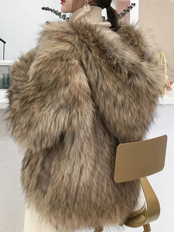 Faux Fur Coats For Women Coffee Brown Long Sleeves Hooded Casual Winter Coat