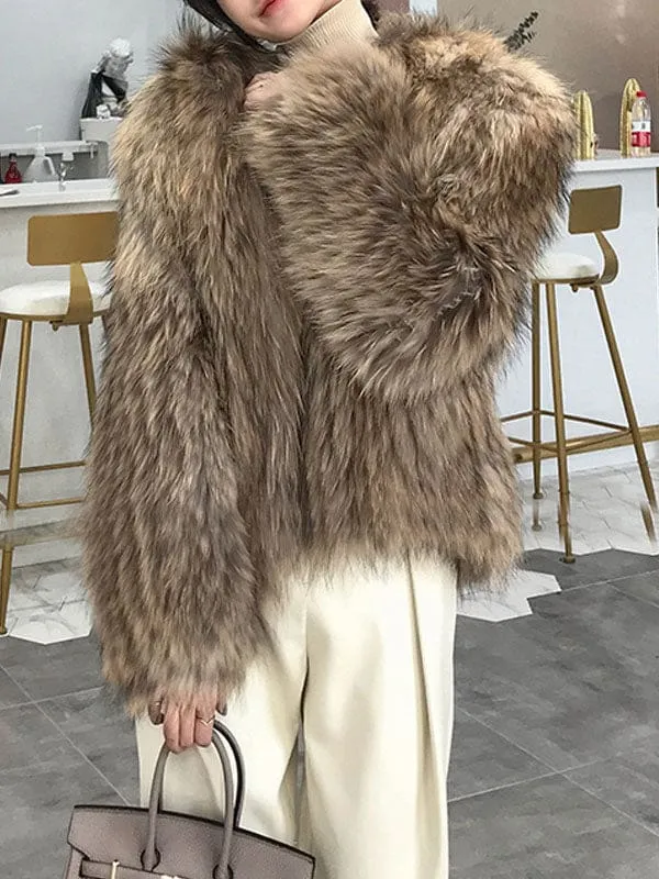 Faux Fur Coats For Women Coffee Brown Long Sleeves Hooded Casual Winter Coat