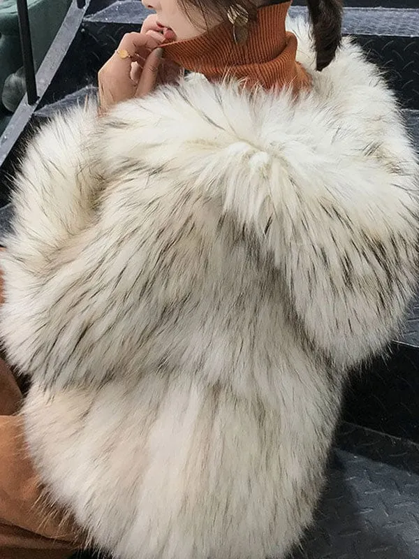 Faux Fur Coats For Women Coffee Brown Long Sleeves Hooded Casual Winter Coat