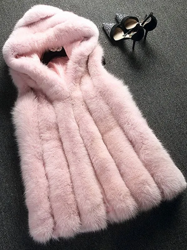 Faux Fur Coats For Women Grey Sleeveless Hooded Short Winter Coat