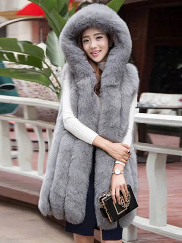 Faux Fur Coats For Women Grey Sleeveless Hooded Short Winter Coat