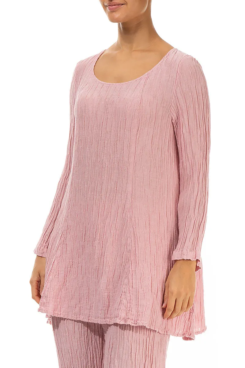 Flared Crinkled Powder Pink Silk Tunic