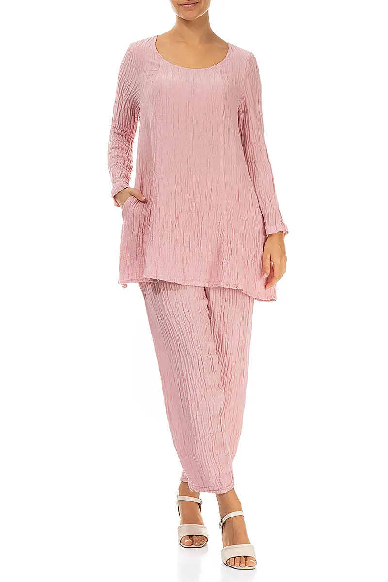 Flared Crinkled Powder Pink Silk Tunic