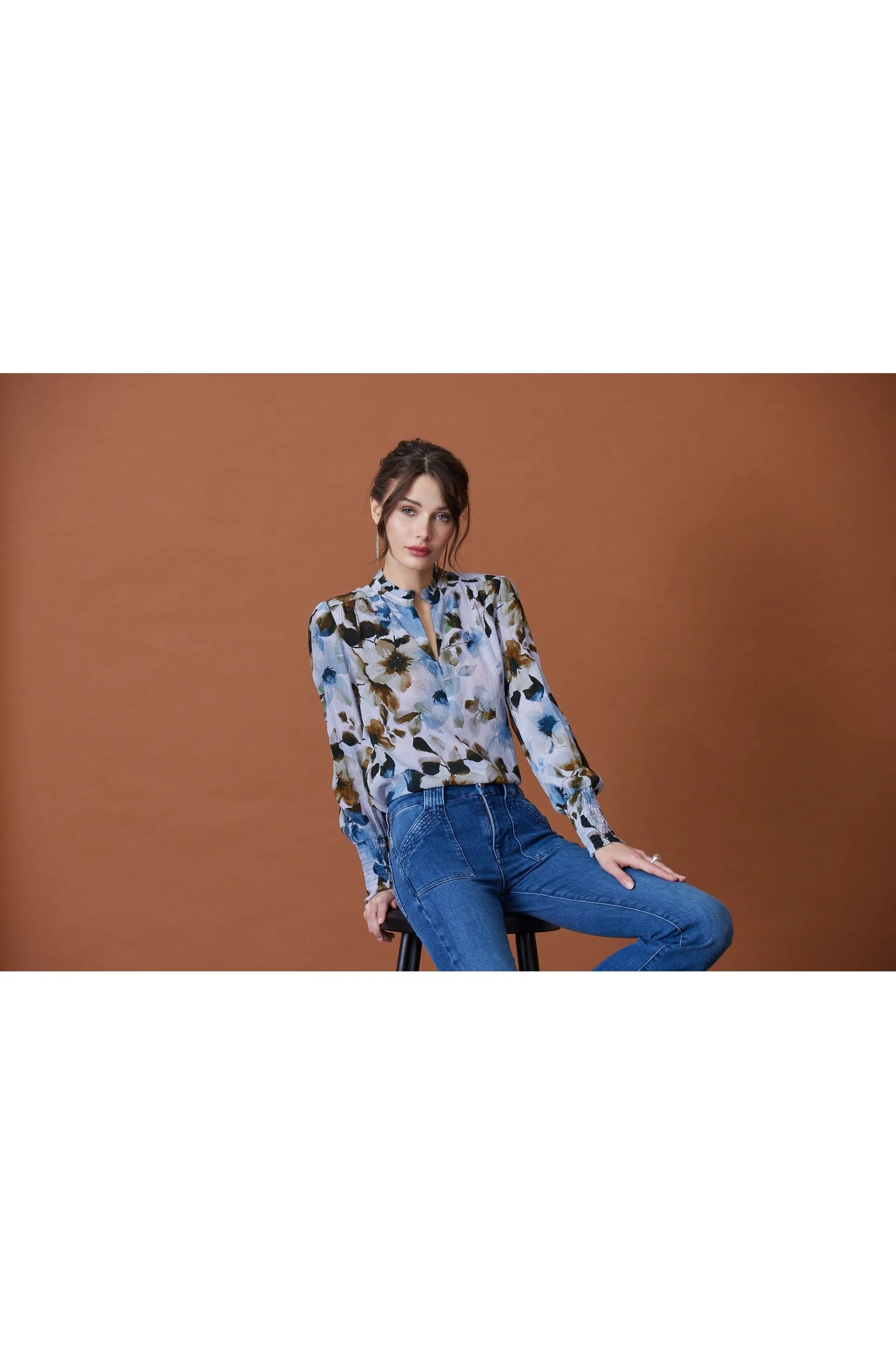 go by Go Silk Go Soft Spoken Blouse T1434-OBLU | Out of the Blue Print | Clearance Final Sale