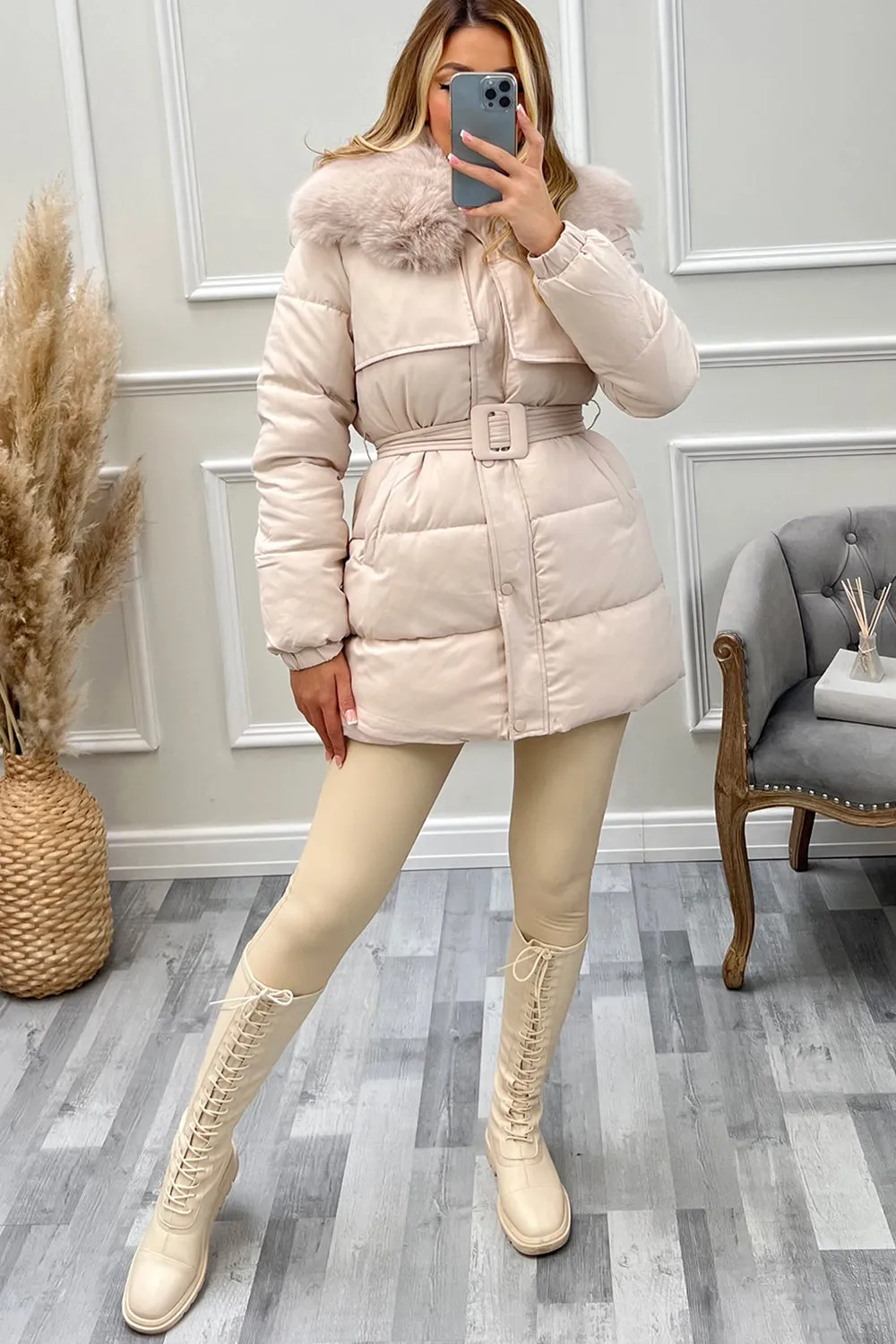 Kirstie Beige Faux Fur Belted Longline Puffer Coat